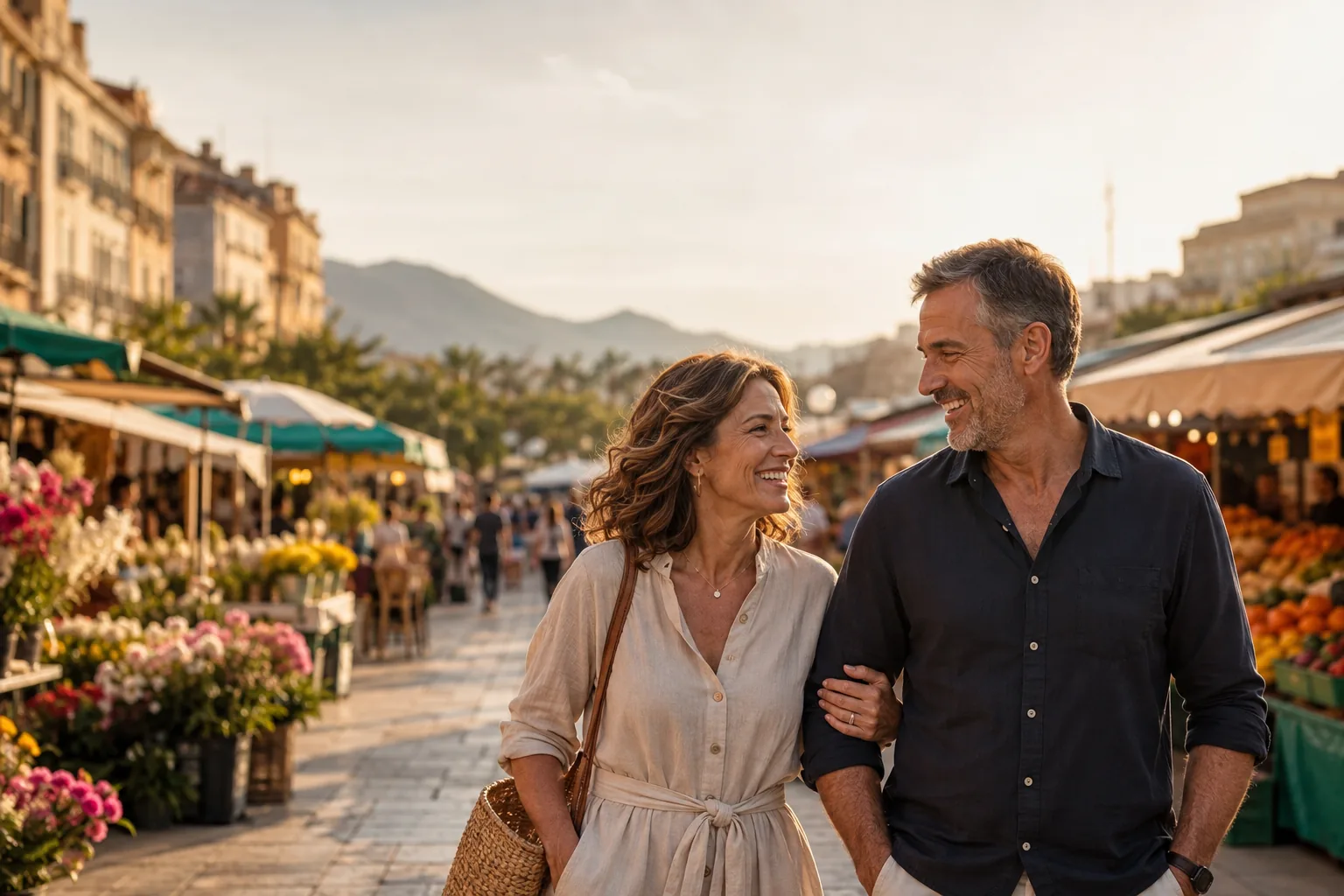 Pareja madura sonriendo en un mercado de Málaga